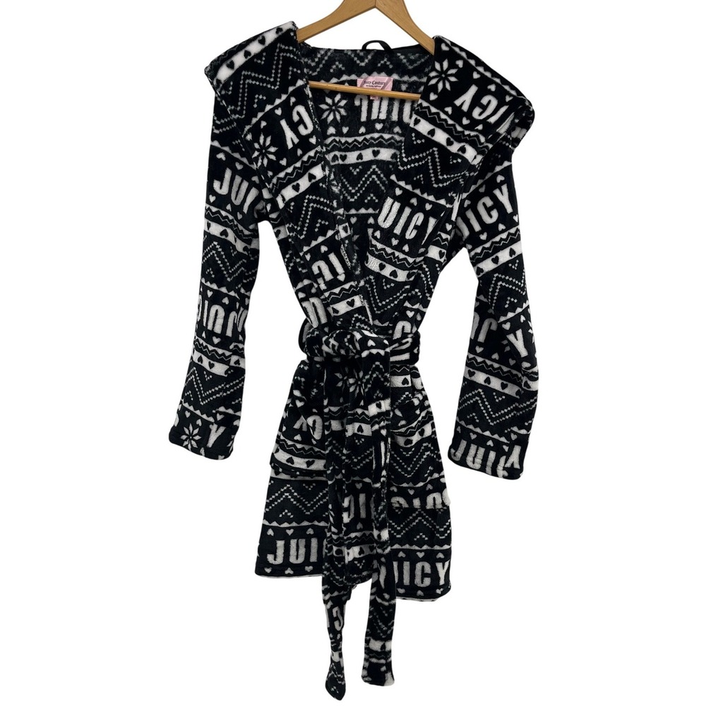 Juicy Couture Robe Black White Fair Isle Logo Hooded Fleece Women S/M